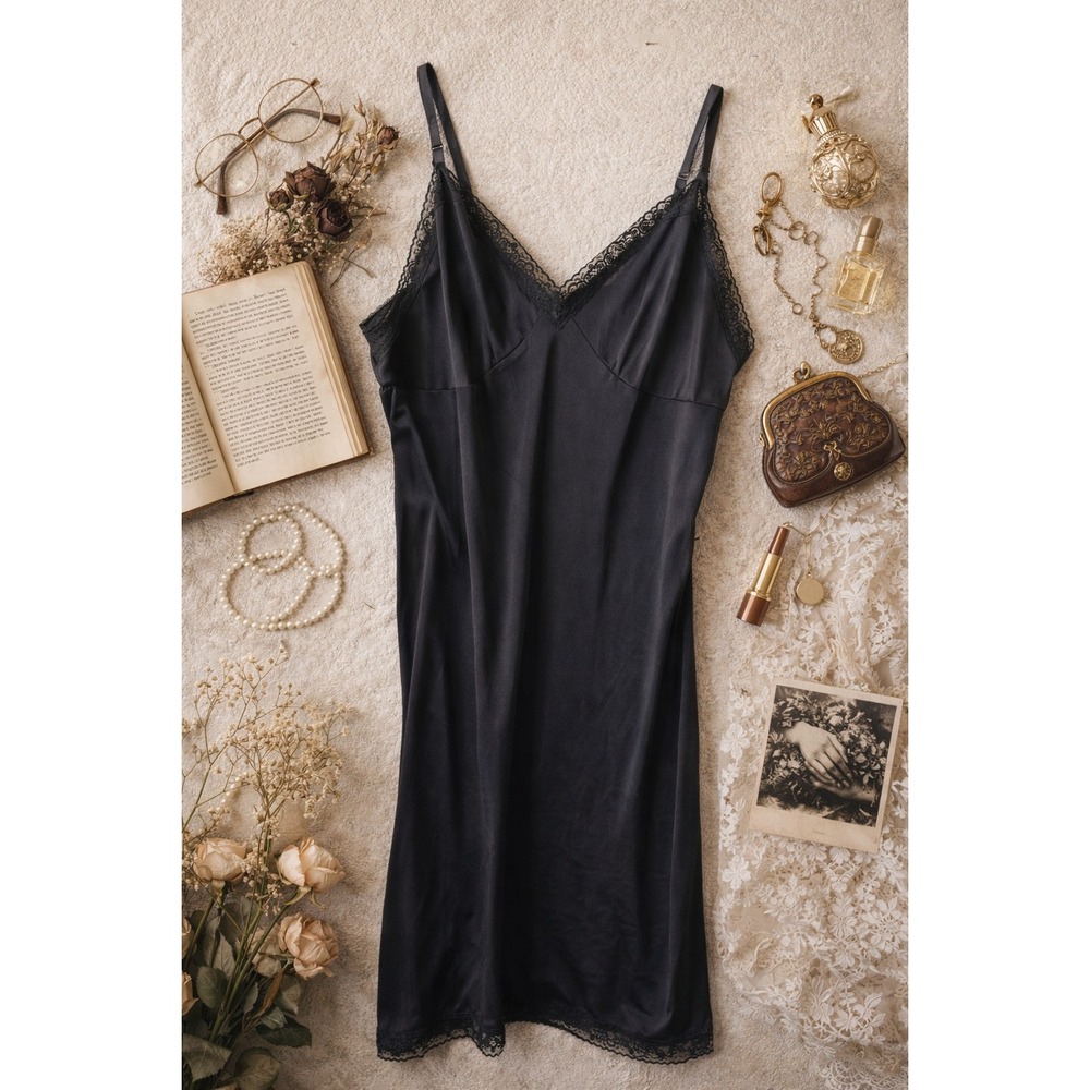 Vtg Vassare Women Sz 26 Full Slip Dress Chemise Black  Shiny Lace Trim USA